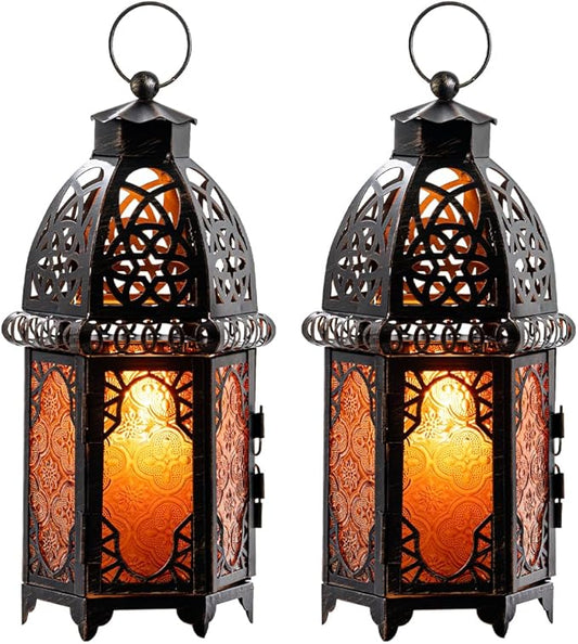 NEEDOMO Set of 2 Moroccan Lanterns Decorative Indoor & Outdoor, Hanging Candle Lantern, 11'' Vintage Candle Holder, Metal Lanterns Decorative, Table, Patio, Porch, Shelf, Gothic Home Decor (Amber)-Ruum Studio Home