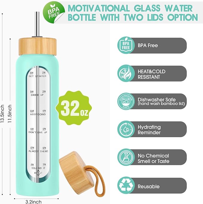 32 oz Glass Water Bottle with Straw - Motivational Time Marker & Silicone Sleeve - Reusable Tumbler Includes 2 Bamboo Lids & Fruit Infuser - 1 Pack-Ruum Studio Home