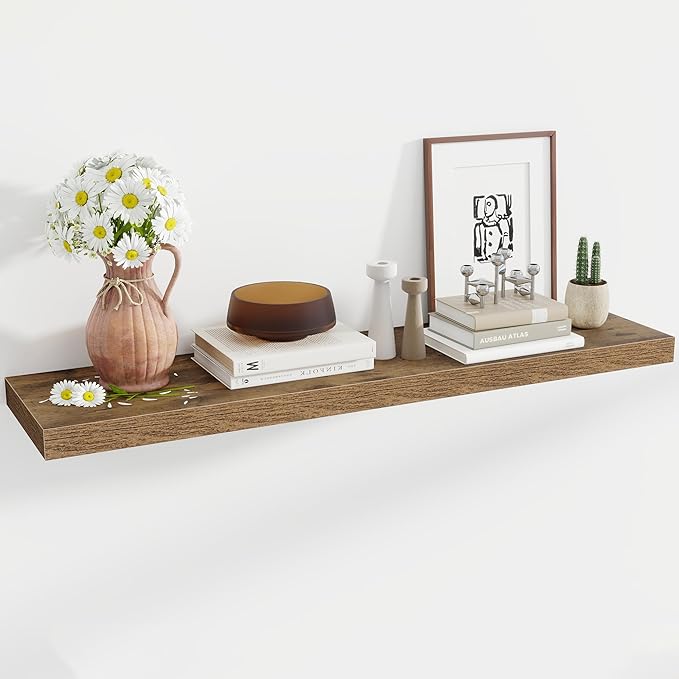 48 Inch Floating Shelves, 12 Inch Deep Floating Shelves for Wall, Floating Shelf with Invisible Brackets, Deep Wall Shelves for Bathroom, Bedroom, Living Room, 1 Pack, Brown-Ruum Studio Home