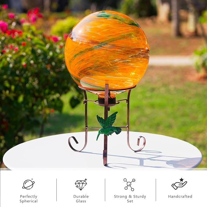 10 Inch Glass Gazing Ball, with 9.4" Tall Metal Gazing Globe Stand, Glass Balls Display Holder Set for Outdoor Garden Lawn Yard Decoration, Sunset Sky-Ruum Studio Home