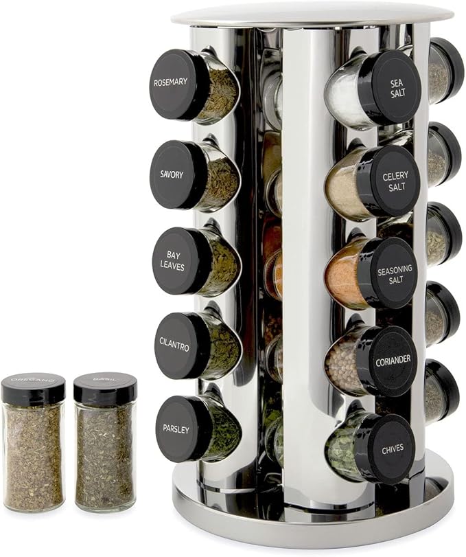 Kamenstein 20 Jar Revolving Countertop Spice Rack with Spices Included, FREE Spice Refills for 5 Years, Polished Stainless Steel with Black Caps, 30020-Ruum Studio Home