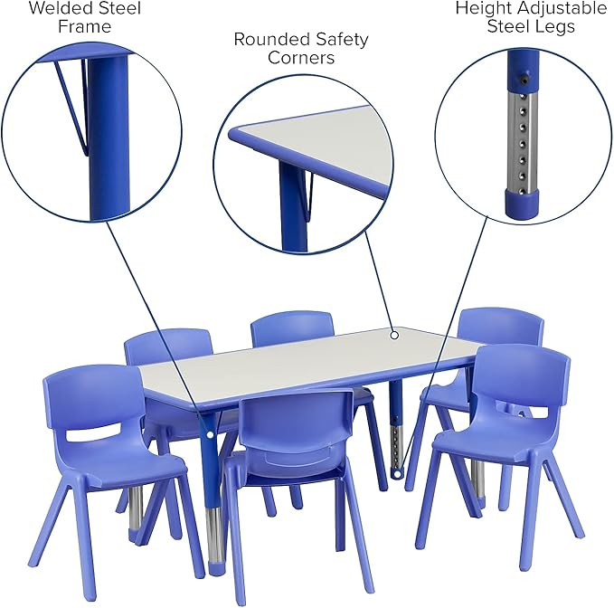 Flash Furniture Emmy Adjustable Classroom Activity Table with 6 Stackable Chairs, Plastic Activity Table for Kids, 23.625" W x 47.25" L, Blue/Gray-Ruum Studio Home