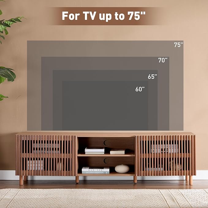 Bonzy Home 70" Mid Century Modern TV Stand, TV Console for TV up to 75", Slatted Entertainment Center with Storage and Open Shelves for Living Room, Bedroom, and Media Room-Ruum Studio Home