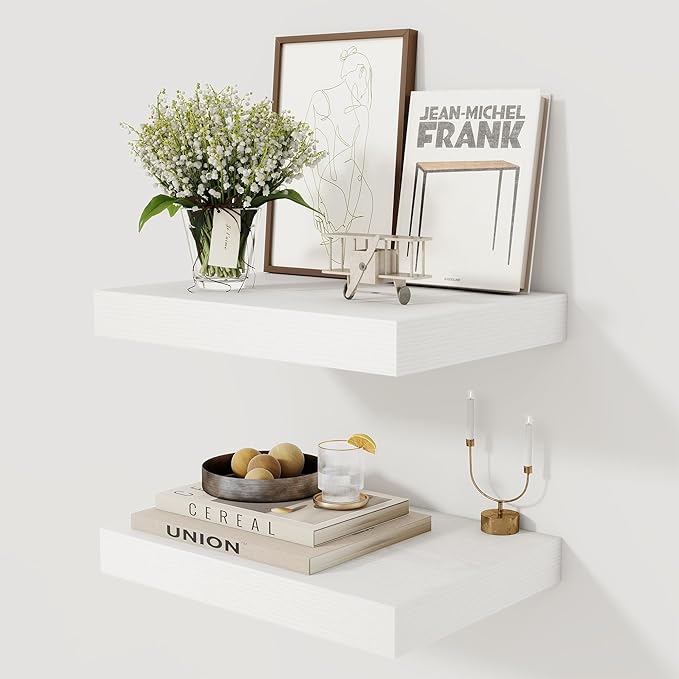 12 Inch Deep White Floating Shelves, 16 x 12 Floating Shelf for Books, Rustic Wood Deep Wall Shelves for Home Storage & Display, 2" Thicked Shelves for Kitchen, Living Room, Bedroom, 2 Pack-Ruum Studio Home