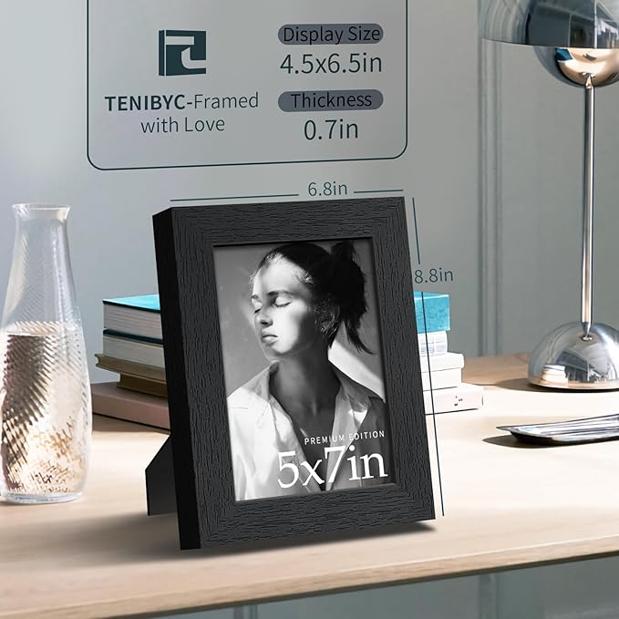 5x7 Picture Frame 3 Pack - Black Woodgrain, Solid Wood & HD Tempered Glass, Table Display or Wall Hanging-Ruum Studio Home