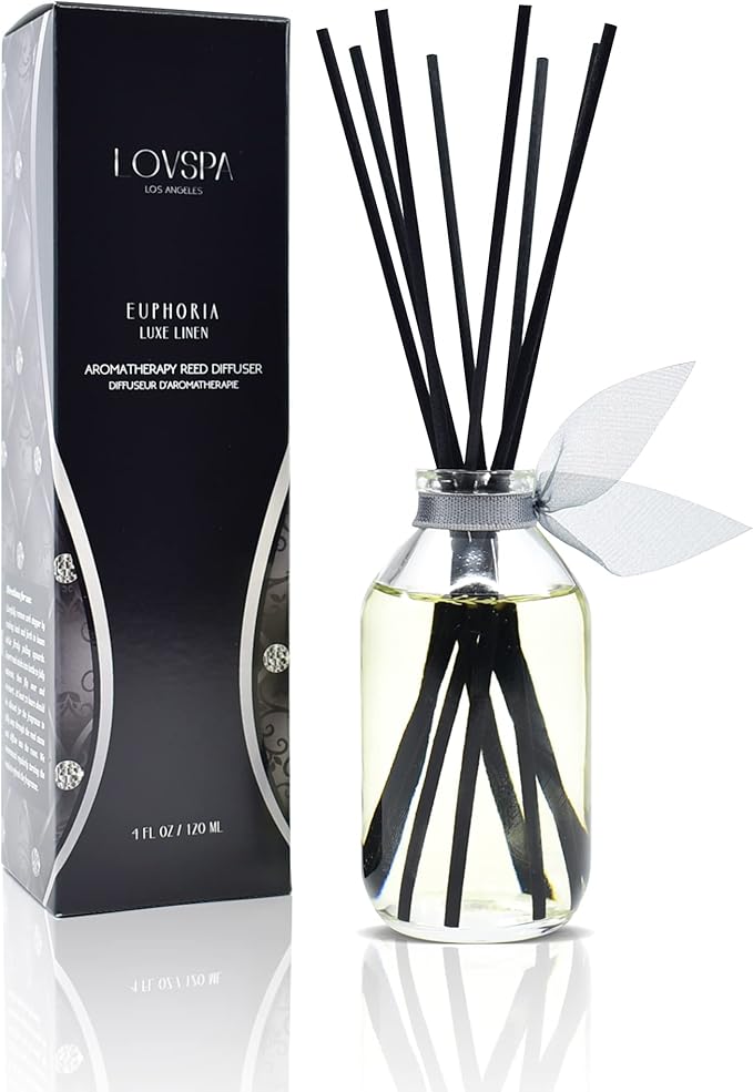 LOVSPA Reed Diffuser Set, Euphoria Luxe Linen Scented Oil Diffuser with Sticks, Home Fragrance Accessories for Bathroom Shelf Decor, Aroma Diffusers for Home or Office Fall Decor, USA Made-Ruum Studio Home