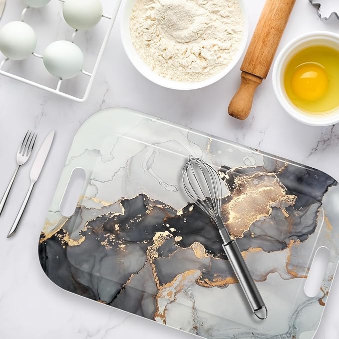 Serving Trays with Handles, 14.5 x 9.8 inch Rectangular Plastic Tray for Restaurant, Kitchen, Gray and Golden Marble-Ruum Studio Home