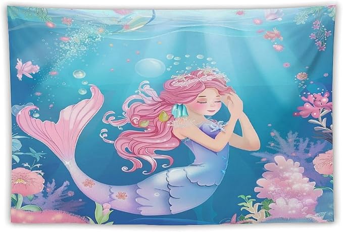 HZOHNAGO Mermaid Girls Tapestry Watercolor Flowers Mermaid Princess Blessing Pattern for Kids Room Decoration Printed Wall Tapestry Wall Hanging for Bedroom Living Room Dorm 90" W x 60" H-Ruum Studio Home