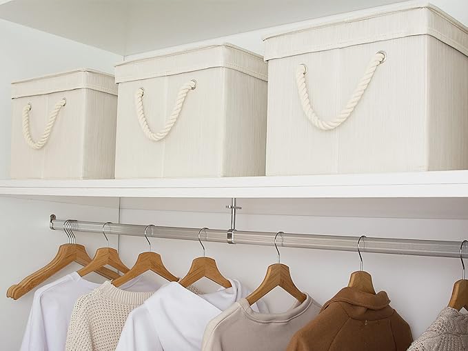 StorageWorks Storage Bins with Lids, Decorative Storage Boxes with Lid and Soft Rope Handles, Foldable Storage Baskets for Closet, Shelves, Stackable, Ivory and White, Jumbo, 3-Pack-Ruum Studio Home