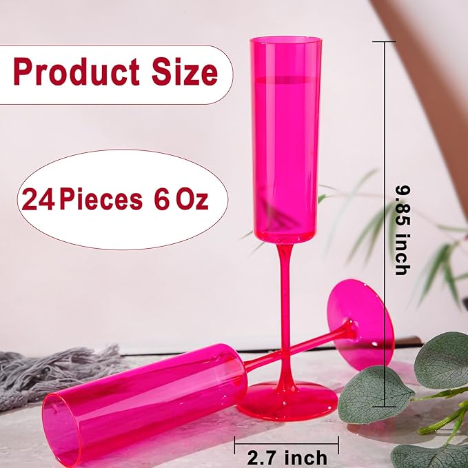 Ciaell 24 Pack Plastic Champagne Flutes - Hot Pink 6 Oz Disposable Champagne Glasses - Square Plastic Toasting Glasses for Party Birthday Anniversary Wedding-Ruum Studio Home