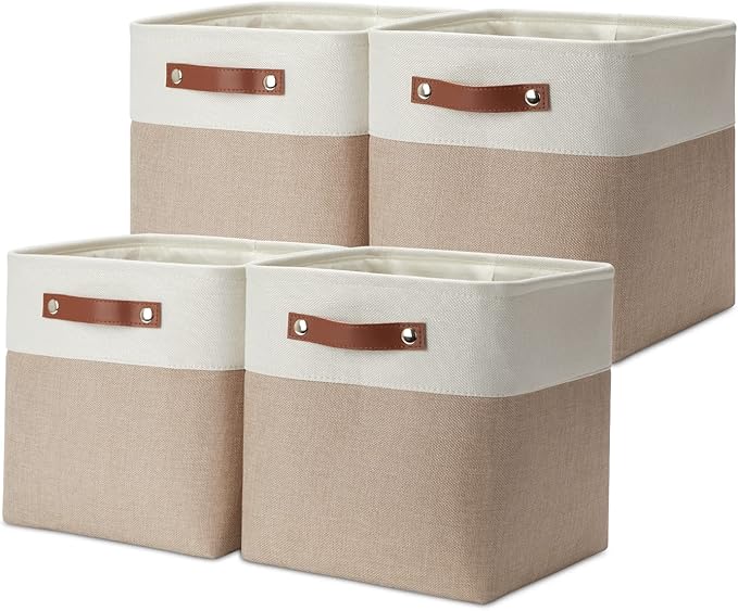 DULLEMELO 11 inch Cube Storage Bins, Large Collapsible Grey Storage Baskets for Square Cubes Organizing, Fabric Boxes Bins for Shelves Nursery Home Office Storage(4 Pack - 11" White&Khaki)-Ruum Studio Home