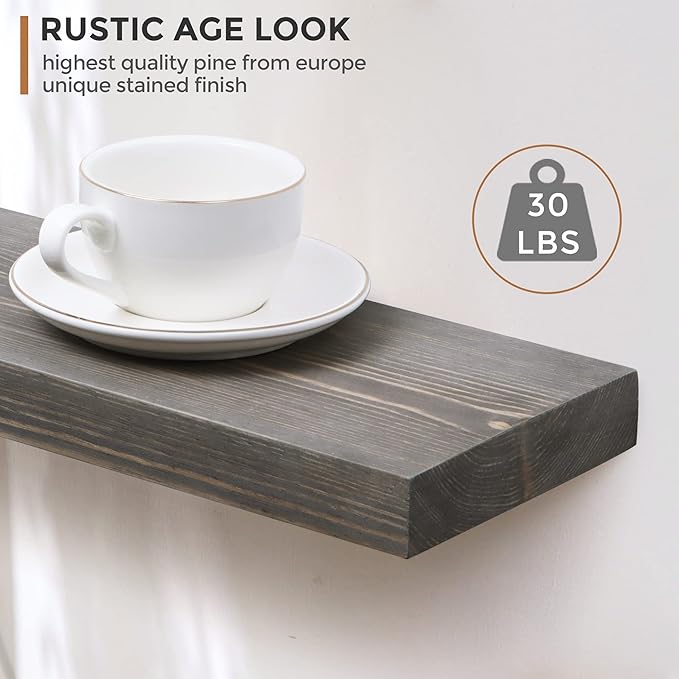 Fun Memories European Pine Floating Shelves for Wall, Mounted Shelf for Decor Storage Set of 2 - Natural Rustic Wooden Wall Shelf for Kitchen Bathroom Living Room Bedroom Farmhouse - Grey-Ruum Studio Home