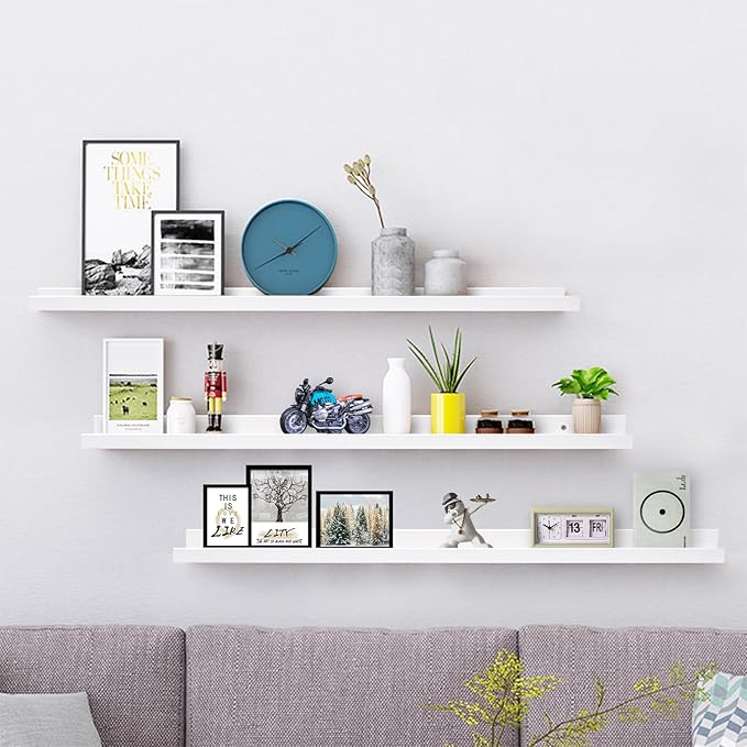 AZSKY 48 Inch White Large Picture Ledges Wood Photo Display Shelf Long Shallow Picture Shelf for Pictures with Lip Wall Mounted Set of 3 for Living Room Bedroom Bathroom Kitchen Same Sizes-Ruum Studio Home