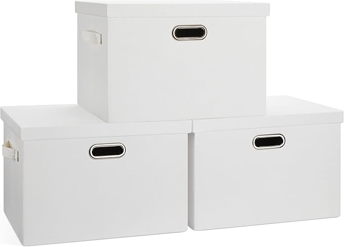 Large 17" 36 Quart Collapsible Stackable Storage Bins with Lids, 3 Packs White Linen Fabric Closet Boxes with Lids, Storage Cube Baskets Container Organizers for Bedroom Office(17 x12 x11)-Ruum Studio Home