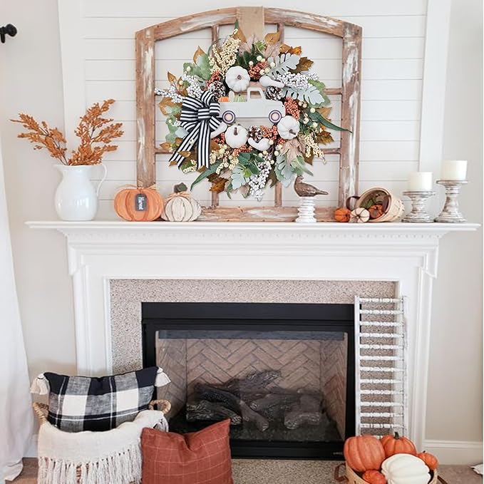 Fall Wreath for Front Door,20 inch White Pumpkin Door Wreath with Truck and Bow, Harvest Porch Decor, Fall Decoration Indoor Outdoor,-Ruum Studio Home