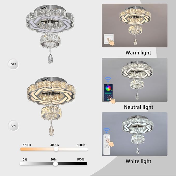 Flashing God Small Crystal Chandeliers Dia 12" Silver Chandelier Flush Mount Ceiling Light for Bedroom Living Room Dining Room Hallway Dimmable 3 Rings LED Celing Lighting Fixtures-Ruum Studio Home