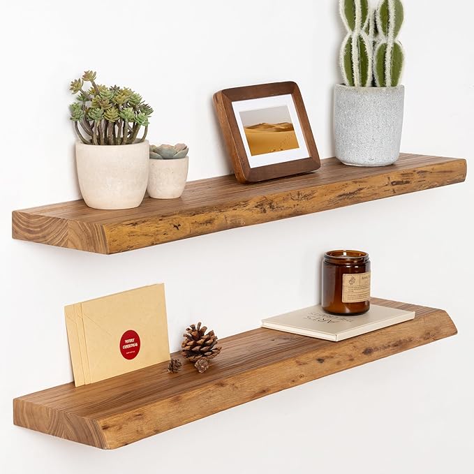 30" Floating Shelves, Live Edge Solid Elm Wood Floating Shelf, Wall Mounted Display Shelves with Heavy-Duty Bracket for Books, Rustic Wooden Shelf for Kitchen, Bathroom, Natural Color, Set of 2-Ruum Studio Home
