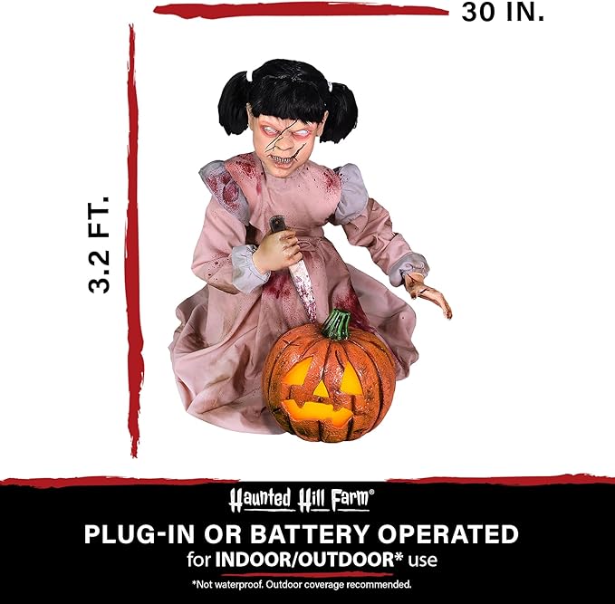 Haunted Hill Farm Lunging Pumpkin Carver Zombie Girl by Tekky, Motion-Activated Talking Halloween Animatronic for Indoor or Covered Outdoor Creepy Halloween Decorations, Plug-in or Battery Operated-Ruum Studio Home