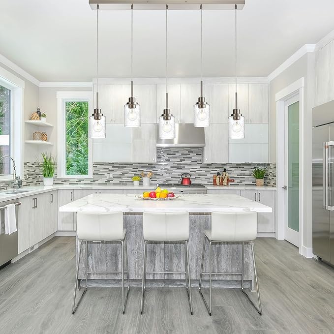 Lighting Contemporary Brushed Nickel Linear Chandelier Pendant Light 5 Lights Clear Seeded Glass Farmhouse Pendant Lighting Modern Dining Room Light Fixture for Living Room Kitchen Island-Ruum Studio Home
