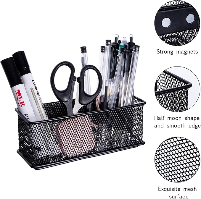 dedoot Magnetic Pencil Holder, Black Mesh Pen Organizer Strong Magnetic Storage Basket Organizes Pens, Pencils, Markers for Whiteboard, Locker, Fridge, Cubicle Desk, Offices 6.3x2.3x2.6inch,2 Pack-Ruum Studio Home