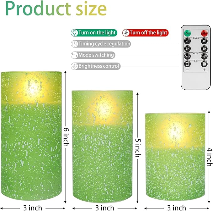 Green Flameless Candles with Remote, Glass LED Pillar Battery Operated Candles with Timer, Flickering Decorative Lights for Home Weddings Holidays Gift Set of 3-Ruum Studio Home