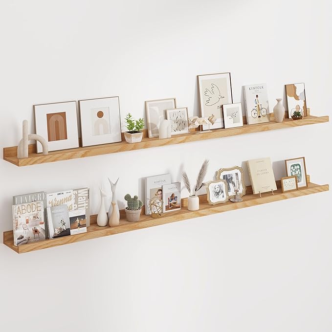 Floating Picture Ledge Shelves 72 Inch Solid Oak Wood Set of 2, Rustic Wall Storage Shelves with Lip, Kids Bookshelf, Photo & Picture Ledge Shelves for Bedroom, Living Room, Kitchen-Ruum Studio Home