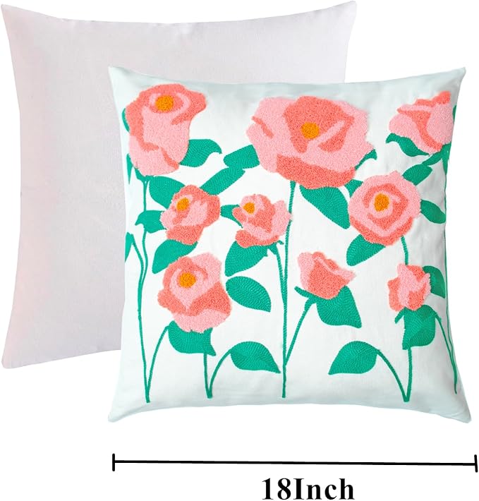 Embroidered Decorative Throw Pillow Cover, 18"x18" Set of 2, Farmhouse Pillowcase Pink Rose Knit Pattern Cotton Canvas Cushion Case Square Floral Pillow Case for Sofa Couch Bed Living Room…-Ruum Studio Home