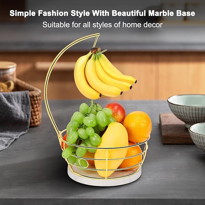 Livabber Countertop Fruit Basket Bowl with Banana Hanger, Modern Standing Fruit Vegetable Bowl Storage, with Banana Tree Holder for Kitchen Dinning Table (Round Marble, Gold)-Ruum Studio Home