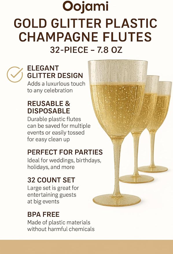 Oojami Elegant Plastic Champagne Flutes - 32 PCS, 7.8oz Disposable & Reusable Wine Glasses - Perfect for Home, Parties, Weddings, Birthdays & Celebrations (32, Gold Glitter)-Ruum Studio Home