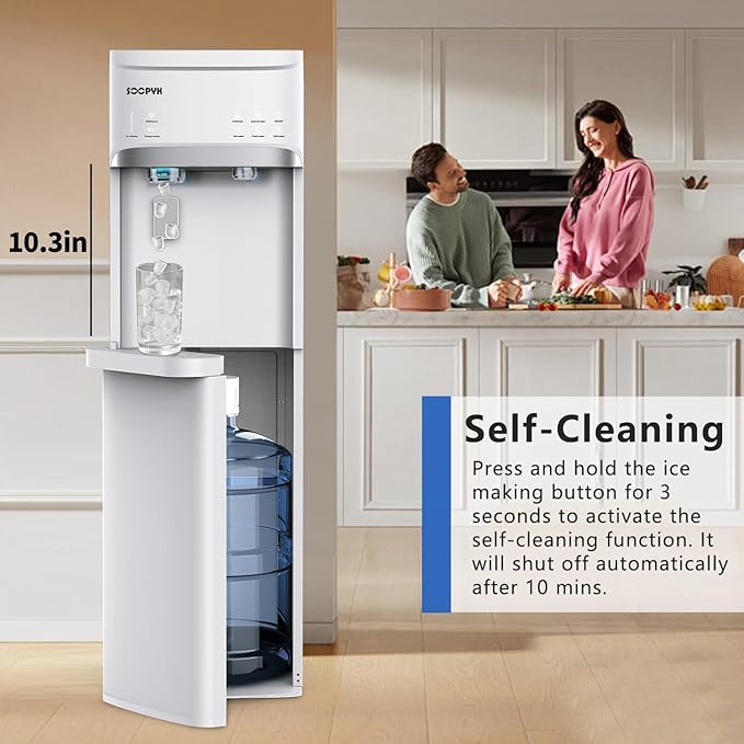 Self-Cleaning Bottom Load Water Cooler Dispenser with Ice Maker for 5 Gallon 3 Temperature Settings 22lbs Daily Capacity White-Ruum Studio Home