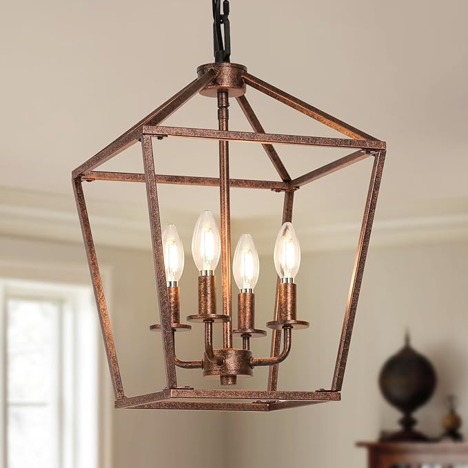 Chandelier for Dining Room, 4-Light Rustic Chandelier Fixtures, Vintage Ceiling Light with Adjustable Height, Antique Bronze Geometric Hanging Light for Bedroom, Foyer, Kitchen, Living Room, Entryway-Ruum Studio Home