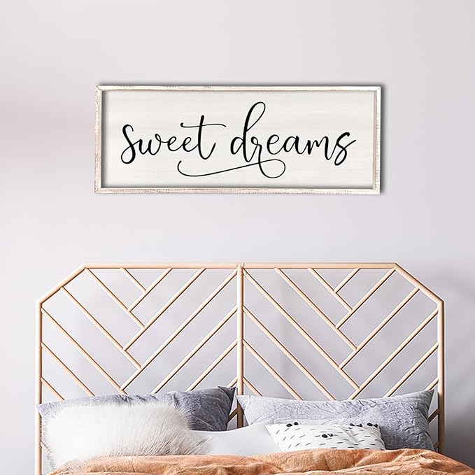 comurdyo Sweet Dreams Wall Decor Above Bed Sign 32" x 12" Master Bedroom Wooden Antique Framed Large Rustic Farmhouse Guest Room Beautiful Simple Hanging Plaque Over Bed Wall Art (White)-Ruum Studio Home