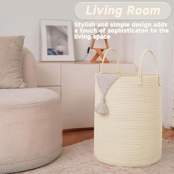 Large Woven Laundry Basket Hamper,80L Cotton Rope Storage Bin for Blankets,Toys and Clothes,Decorative Tall Nursery Hamper for Living Room,Baby Nursery,Bathroom and Bedroom,Beige-Ruum Studio Home
