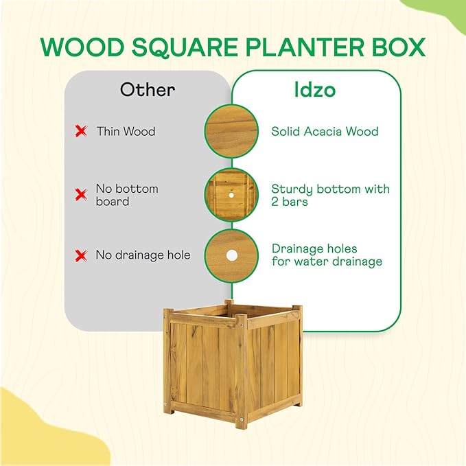 IDZO Acacia Wood Flower Planter Box for Outdoor Plants, 1pc Wooden Raised Garden Bed with Handles, Drainage Holes, Ideal for Garden and Home Décor, Golden Teak-Ruum Studio Home