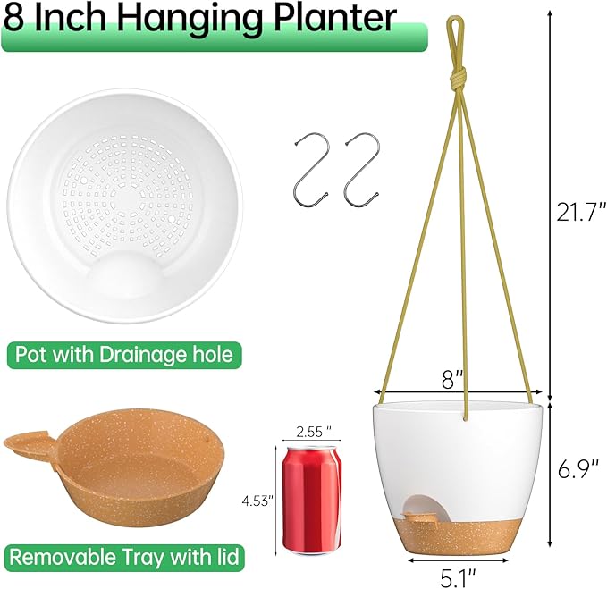 ZMTECH 8 Inch Hanging Planters for Indoor Outdoor Plants, 2 Pack Self Watering Hanging Plant Pots with Drainage Holes and Removable Saucer, Plastic Flower Hanging Pots with Watering Lip (White)-Ruum Studio Home