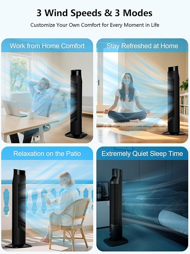 Uthfy 31 Inch Tower Fan for Bedroom, 120° Oscillating Quiet Standing Bladeless Fan With Remote, 7.5H Timer, 3 Speeds, 3 Modes, for Room, Dorm, Office, Black-Ruum Studio Home