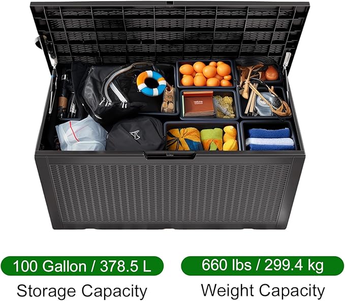 100 Gallon Outdoor Storage Box,Waterproof Lockable Resin Deck Box,Storage Container with Reinforced Support for Patio Cushions, Furniture Supplies, Garden Tools, UV-Resistant Outdoor Chest (Black)-Ruum Studio Home