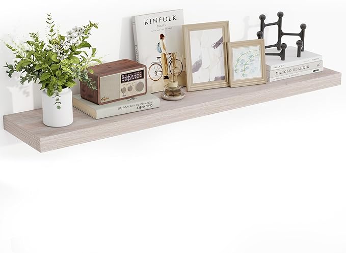 48 Inch Floating Shelves, 3D Textured Wood Grain, 48"x9.25"x1.5" Inch Deep Floating Shelves for Wall, Wooden Shelves for Bathroom, Bedroom, Living Room, Washed White-Ruum Studio Home