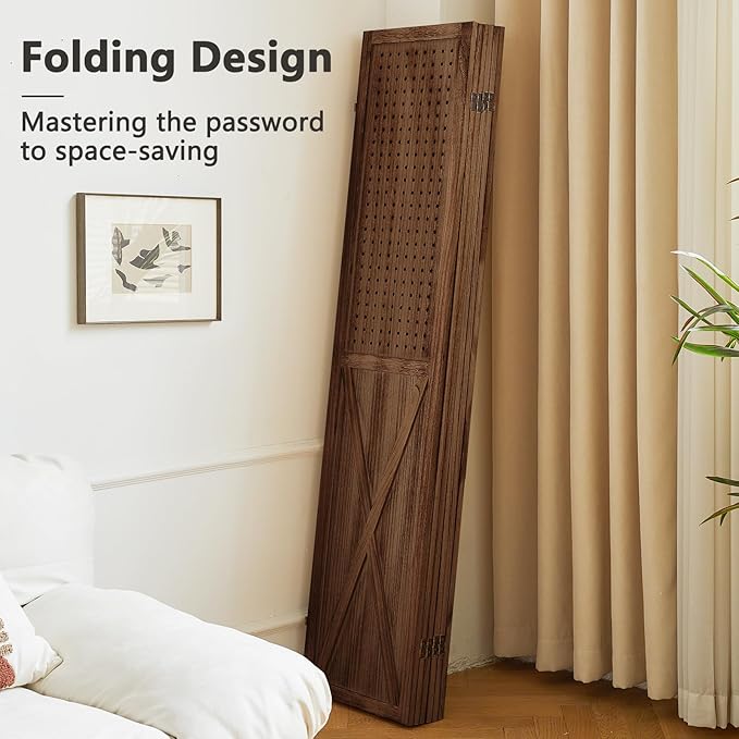 6 Panel Pegboard Room Divider, 5.6Ft Pegboard Display Folding Privacy Screens, Wood Room Divider Peg Board Display Freestanding for Trade Show Craft Show Home Wall Organizer, Brown-Ruum Studio Home