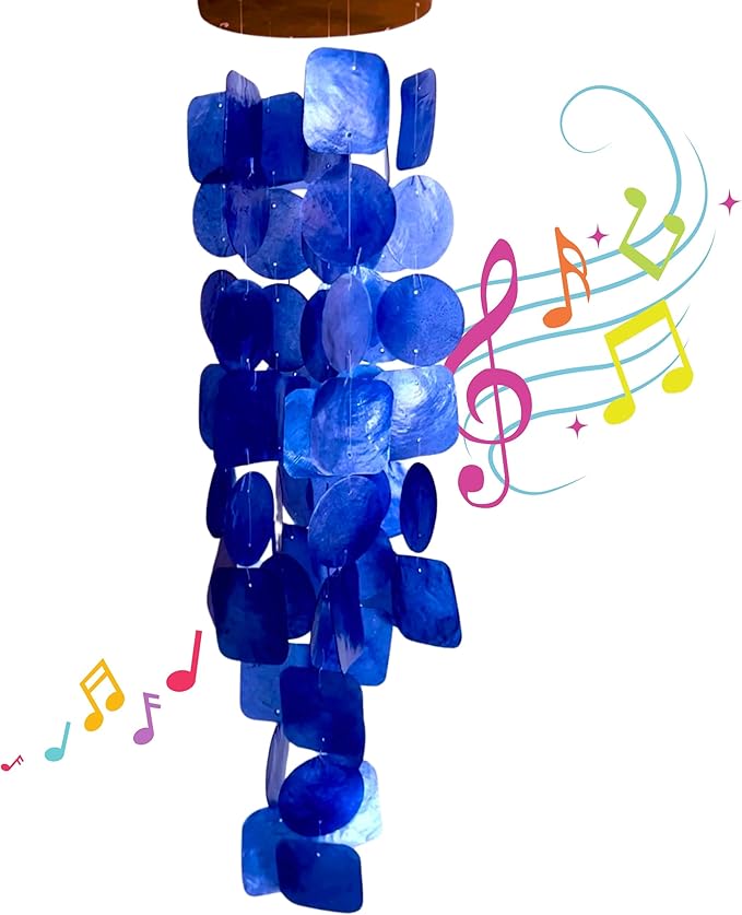 Bellaa 27918 Wind Chimes Outdoor, Garden Decorations, Musical, Indoor/Outside Windchimes, Beach, Ocean Breeze, Gifts for Mom, Gift for All Occasions, Capiz Sea Glass Shells Wood Blue 27 inch-Ruum Studio Home