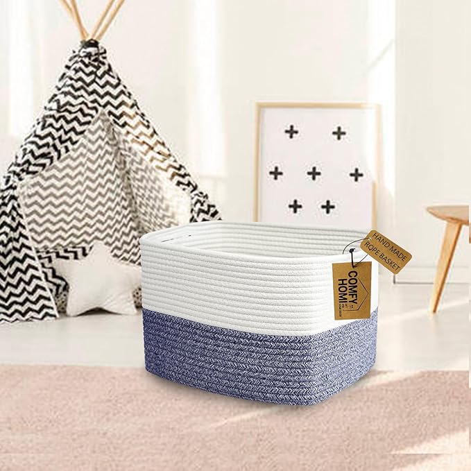 COMFY-HOMI 3 Pack Medium Cotton Rope Basket with Handles for Shelves, Dog Toy, Baby, Gift Organizing, Handwoven Craft - New Generation 13.5" x 11" x 9.5" (Navy Blue)-Ruum Studio Home