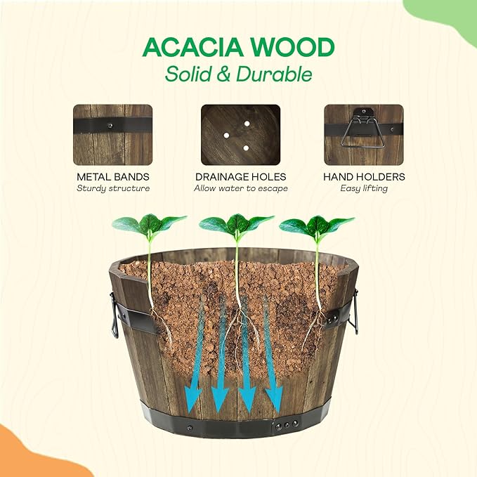 IDZO Set of 3 Wooden Flower Planters for Outdoor Plants, Acacia Wood Barrel Planters, Ergonomic Handles, Drainage Holes, Various Sizes, Walnut-Ruum Studio Home