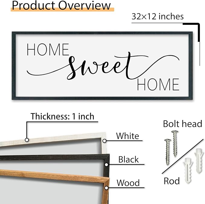 SRSZHIYUE Home Sweet Home Sign 32"x12" for Farmhouse Rustic Large Family Living Room Over Couch Modern Horizontal Wall Decor, Wood Framed Plaques Art Decorative (Black)-Ruum Studio Home
