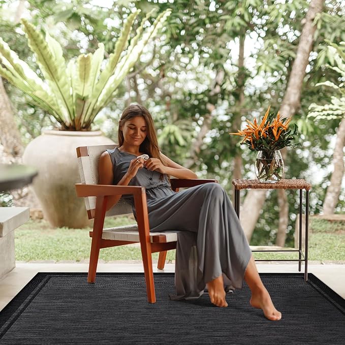 CAMILSON Indoor Outdoor Rug, 8x10 Bordered Dark Gray Black Modern Area Rugs for Indoor and Outdoor Patios, Kitchen and Hallway Mats, Washable Porch Deck Outside Carpet (Bordered Black, 8 x 10)-Ruum Studio Home