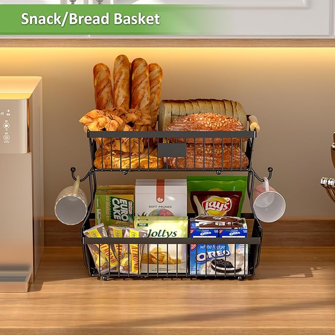 2 Tier Fruit Basket for Kitchen Counter with 2 Banana Hangers, Countertop Metal Fruit Bowl with Wooden Handle, Large Storage Stand for Vegetables, Snacks, Breads, Produce Storage – Black-Ruum Studio Home