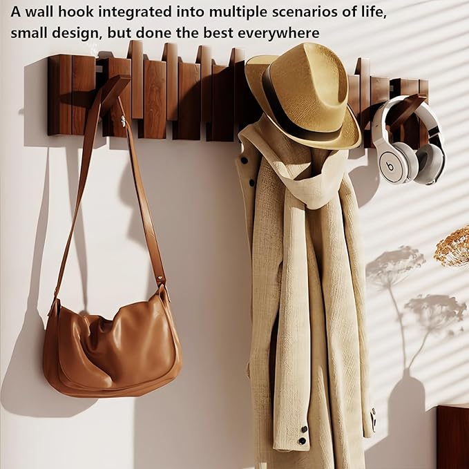 Wall Mounted Piano Key Hanger | Flip Style Hook | Entrance Wall Art Hook, Made of Oak Wood (3 Times Painted, 4 Times Polished) (Walnut, 6Hooks)-Ruum Studio Home