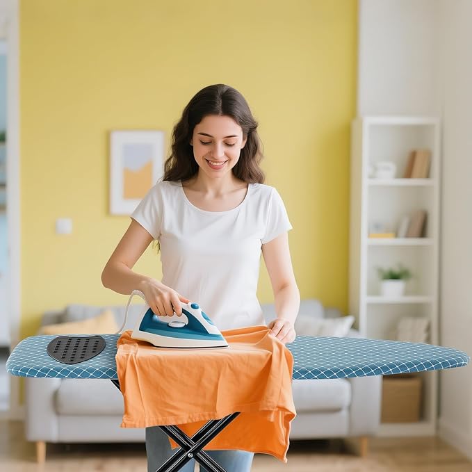 Compact Ironing Board 13 x 43, Iron Board with Heat Resistant Surface, Adjustable Height, Space Saving Table with Hook & Iron Rest for Home & Laundry Room, Diagonal Checkered Blue-Ruum Studio Home