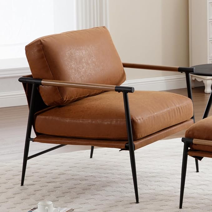 Mid-Century Accent Chair, Soft Armchair PU Leather Lounge Chair with Black Metal Legs, Upholstered Leisure Chair for Living Room Bedroom Reception Room, 1PC, Brown-Ruum Studio Home
