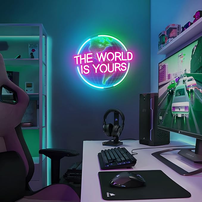 The World Is Yours Neon Sign for Wall Decor, Earth Neon Light with Dimmer, for Man Cave Boy Room Decor, Gift for Man Boyfriend, Decoration USB Powered with Switch-Ruum Studio Home