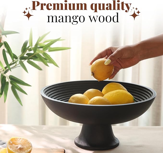 Folkulture Wooden Fruit Bowl for Kitchen Counter | 12" Large Premium Eco Friendly Banana Fruit Basket for Kitchen | Black Wood Bowl with Holder, Pedestal for Table Decor, Centerpiece for Dining Table-Ruum Studio Home